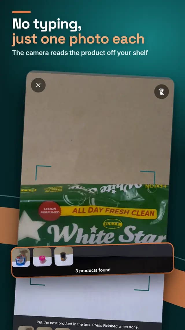 A phone camera pointed at a product on a shelf, adding it to Sellka