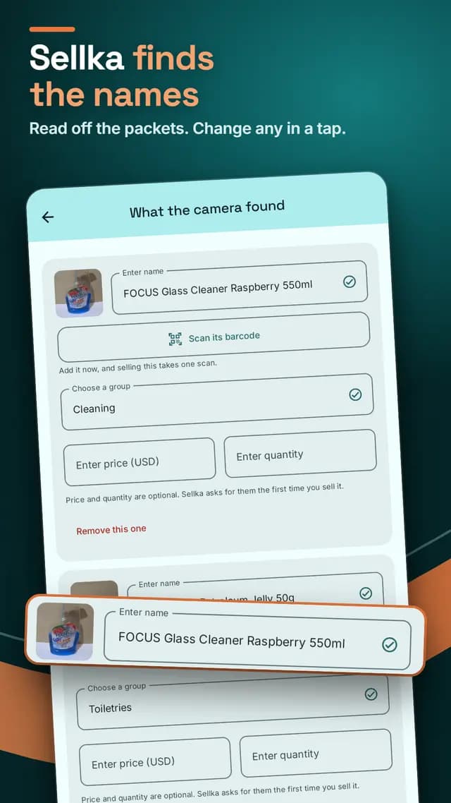 The list of products Sellka's camera found, with each name read off the packet