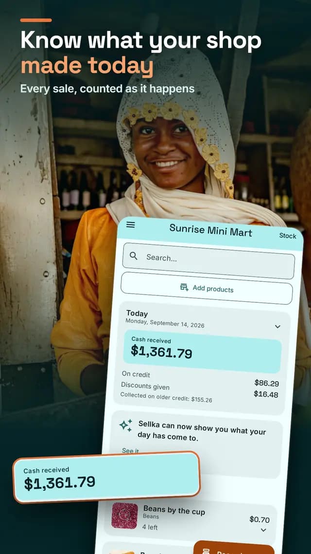 A shop owner at a market stall, and Sellka's home screen showing the cash taken today