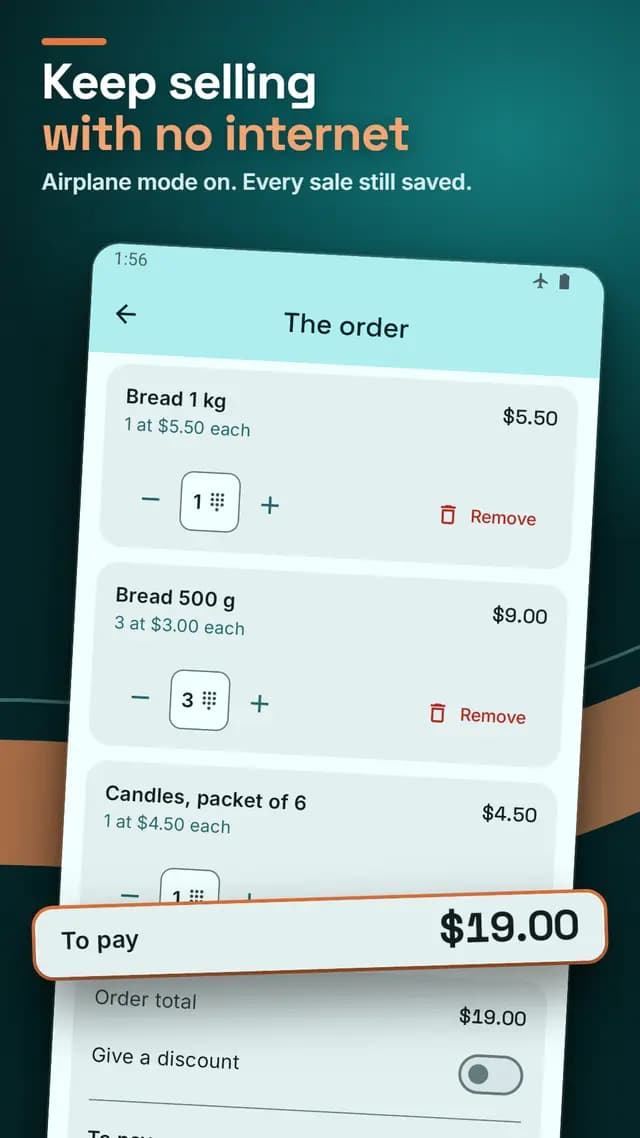 An order being recorded in Sellka with airplane mode on, and the total to pay