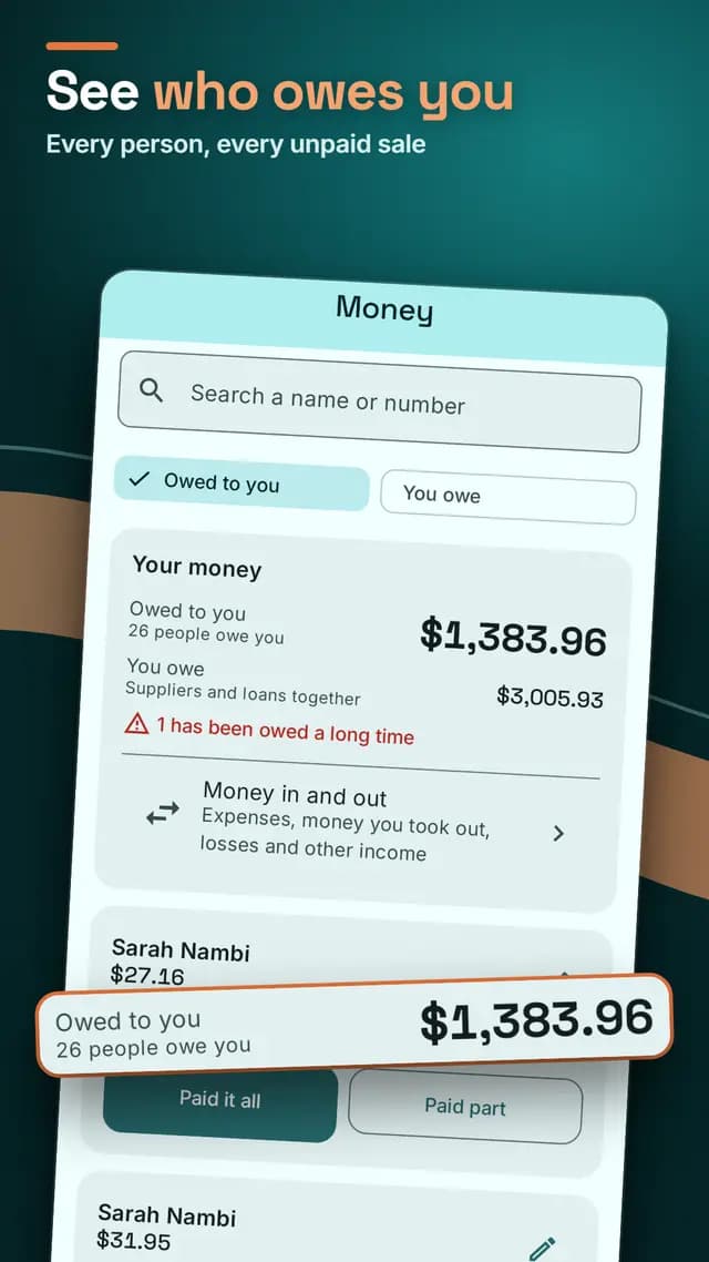 Sellka's money screen showing how much customers owe and who has owed longest