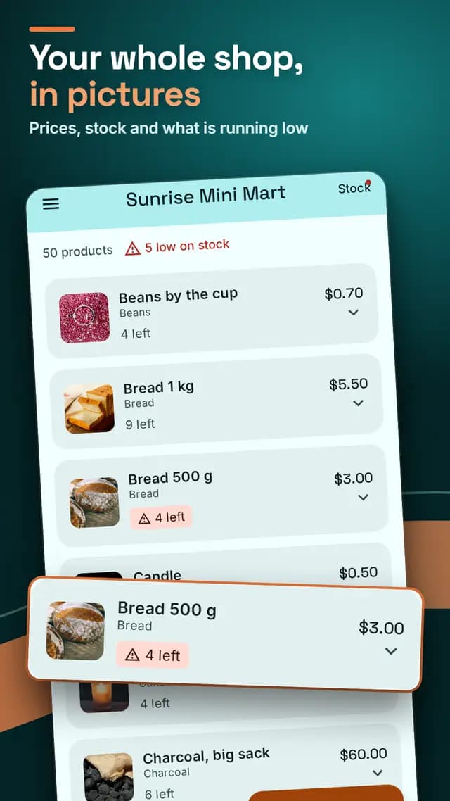 Sellka's product list, each product with its photo, price and how many are left